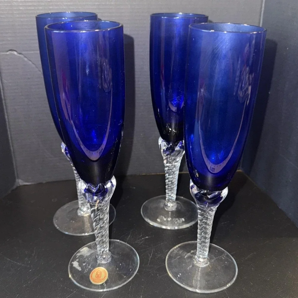 Srpska‎ Fabrika Stakla Paracin Yugoslavia Cobalt Blue Stem Glasses Set Of 4 VTG